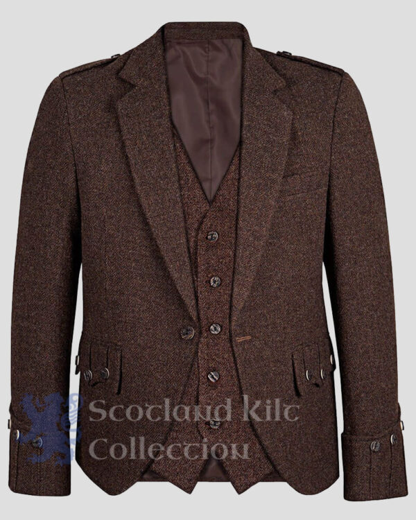 Dark Brown Tweed Argyle Kilt Jacket with 5 Button Vest front