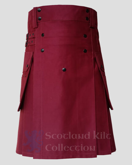 Maroon Utility Kilt front side - Maroon Cotton utility kilts for Men