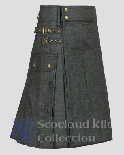 Mens Black Denim Utility Kilt For Sale right side