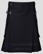 New Deluxe Modern Utility Leather Straps Kilt front side - Deluxe utility Fashion kilts for Men's