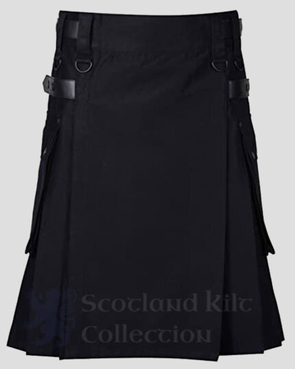New Deluxe Modern Utility Leather Straps Kilt front side - Deluxe utility Fashion kilts for Men's
