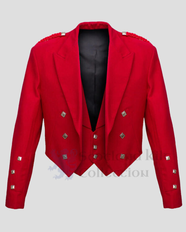 Red Prince Charlie Jacket With 3 Button Vest front side - Red Prince Charlie Jackets for Men's | red Jacket for sale
