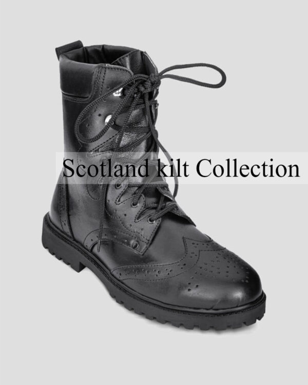Thistle Scottish Rugged Black Leather Ghillie Kilt Boots