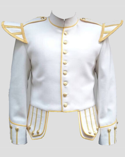 White Bag Pipe Doublet with Golden Trim front