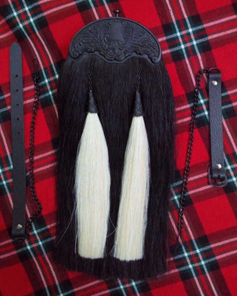Synthetic Long Hairs Sporran Black Color Body With 5 White Color Tassels main image 1