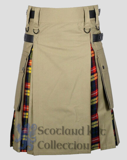 Buchanan Tartan Pleats Khaki Hybrid Kilt | Khaki Cotton Buchanan Tartan Scottish Utility Cargo Hybrid Kilt