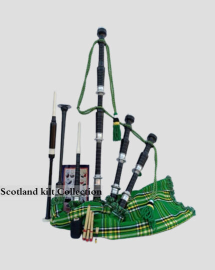 Irish National Tartan Natural Finish Bagpipe Set front