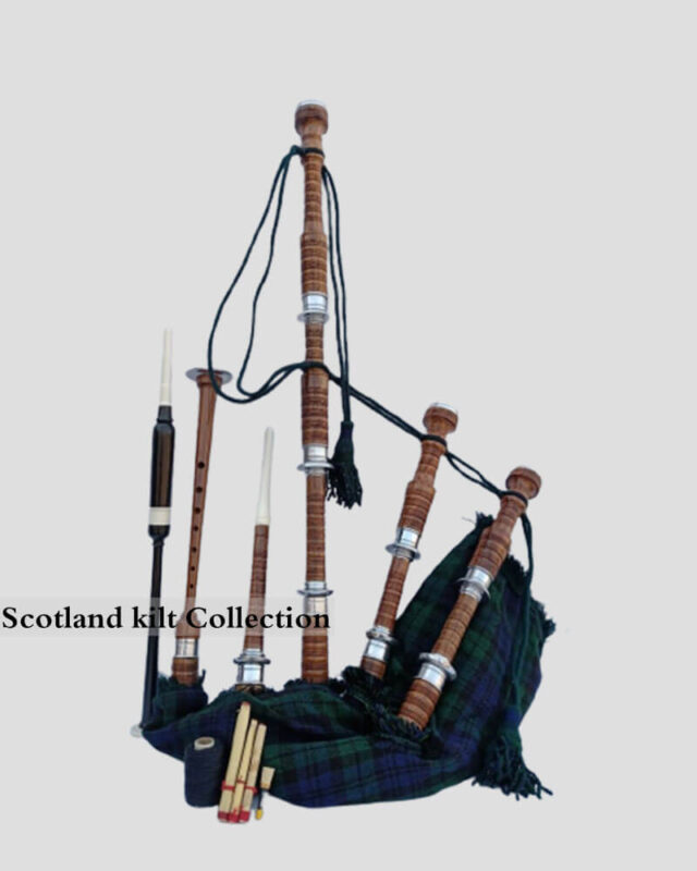 BLACK WATCH TARTAN NATURAL FINISH BAGPIPE SET front