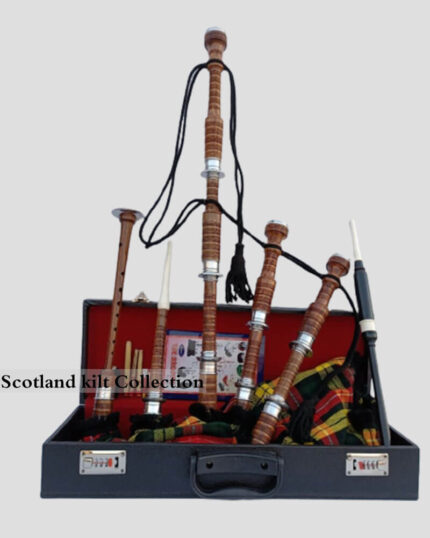 Buchanan Tartan Bagpipe Set Brown & Silver Finish box