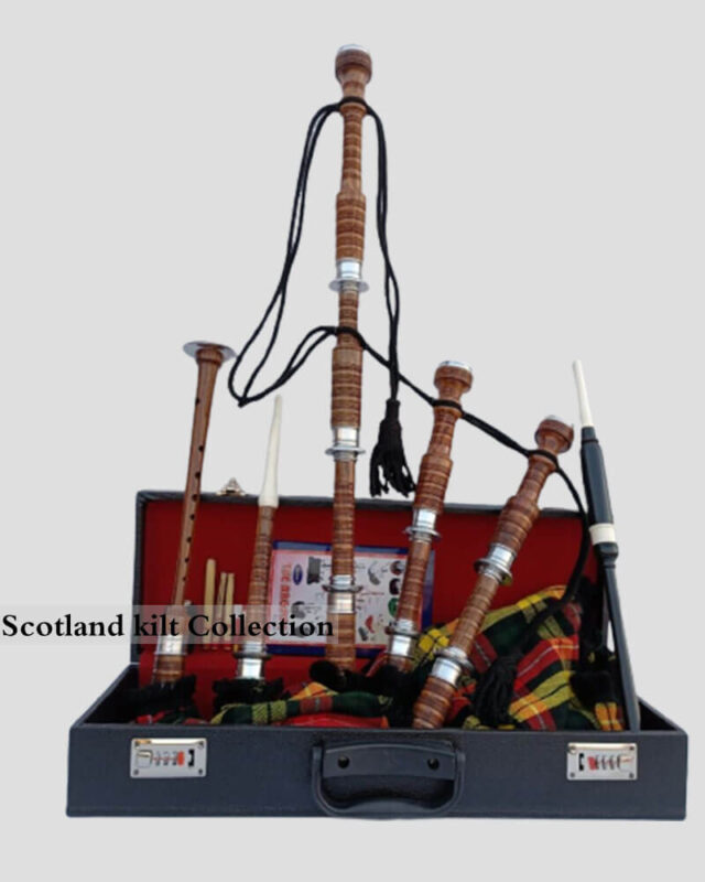 Buchanan Tartan Bagpipe Set Brown & Silver Finish box