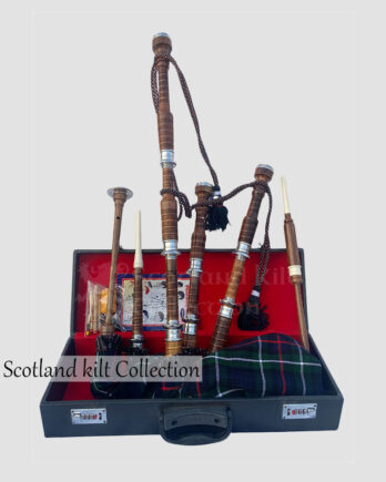 Mackenzie Tartan Bagpipe Set Brown & Silver Finish With Hard Case