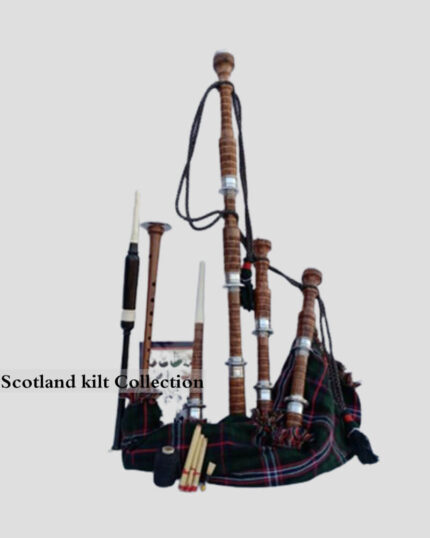 SCOTTISH NATIONAL TARTAN WITH NATURAL FINISH BAGPIPE SET front