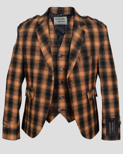 Black & Orange Pure Wool Argyll Jacket With Waistcoat/Vest