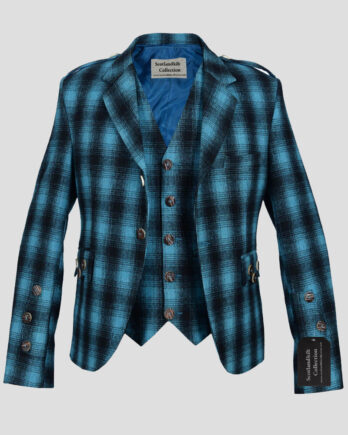 Blue & Black Pure Wool Argyll Jacket With Waistcoat/Vest
