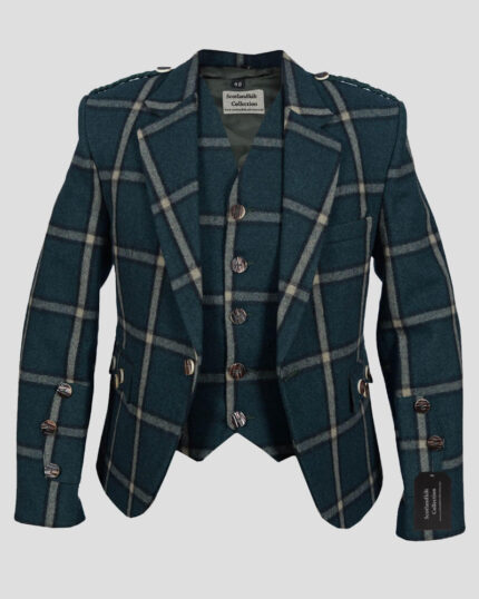 Green Pure Wool Argyll Jacket With WaistcoatVest