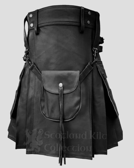 Black Leather Kilt With Sporran