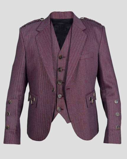 Maroon Pure Wool Tweed Argyll Jacket With Waistcoat/Vest