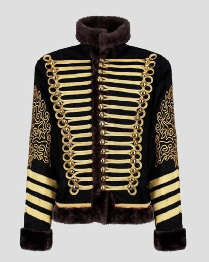 Men's Black Gold Hussar Steampunk Parade Jacket Faux Fur