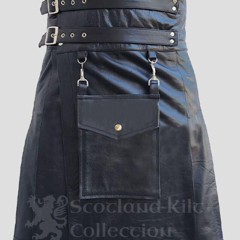 DSS KILTS Men's Hybrid Utility Kilt – Black Cotton & Tartan With Leather Straps, Cargo Pockets - View #12