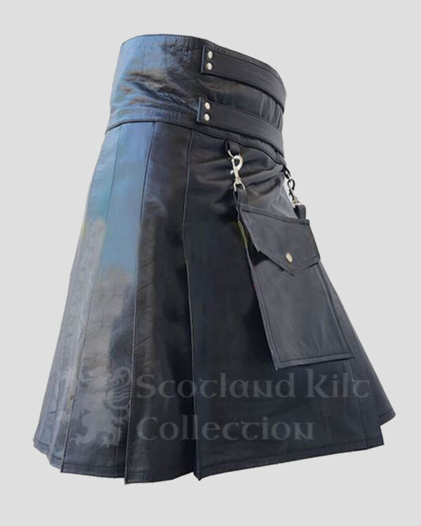 Black Leather Kilt with Detachable Front Pocket - Sexy kilt