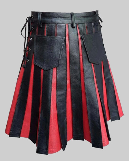 Black & Red Leather Gladiator Kilt | Flat Front Panels