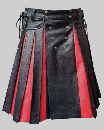 Black & Red Leather Gladiator Kilt | Flat Front Panels