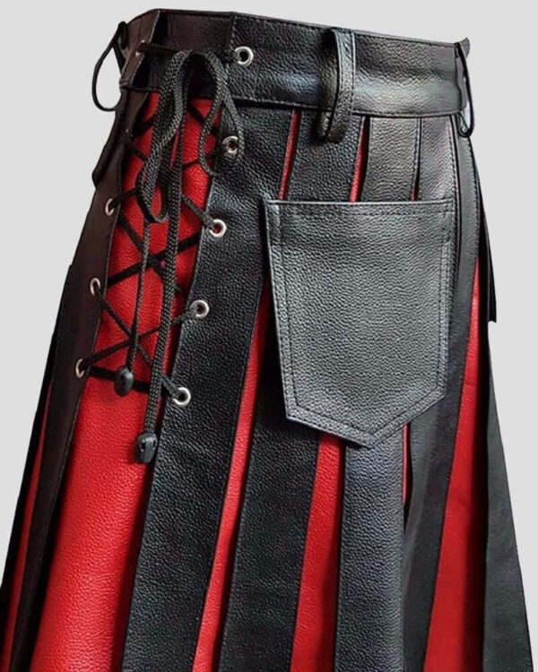 Black & Red Leather Gladiator Kilt | Flat Front Panels