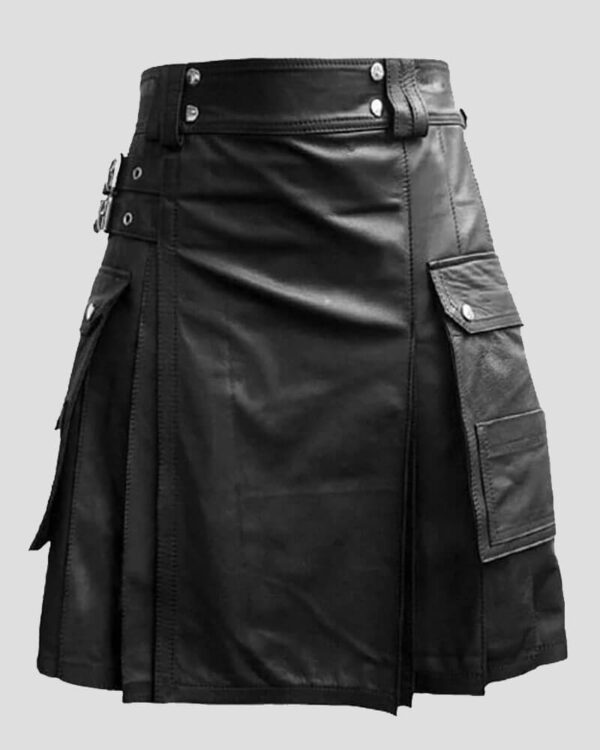 Men's Black Leather Gladiator Pleated Utility Kilt - Theodore Kilt