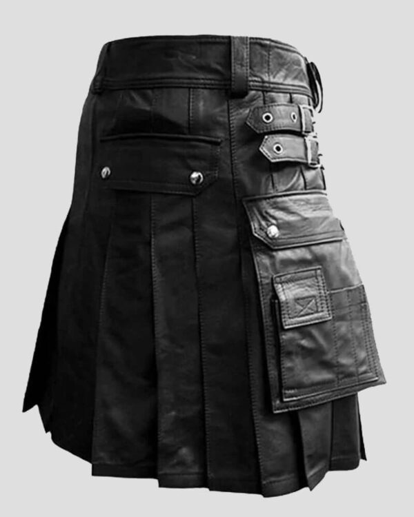 Men's Black Leather Gladiator Pleated Utility Kilt - Theodore Kilt