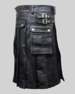 Men's Black Leather Gladiator Pleated Utility Kilt - Theodore Kilt
