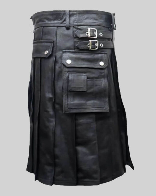 Men's Black Leather Gladiator Pleated Utility Kilt - Theodore Kilt