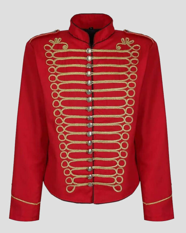 Stylish Red Napoleon Military Drummer Parade Jacket, perfect for historical reenactments, parades, and adding a unique touch to your attire.