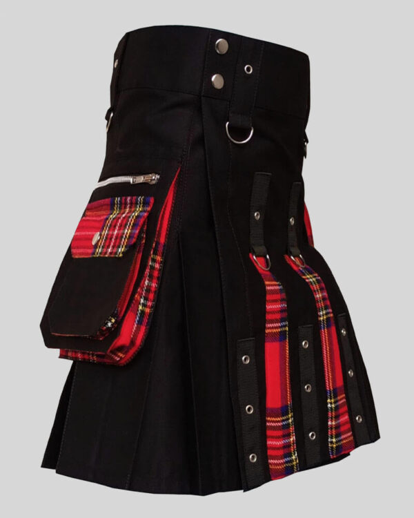 Black Utility Kilt for Men With Royal Stewart Tartan Box Pleats