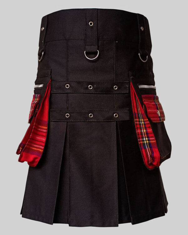 Black Utility Kilt for Men With Royal Stewart Tartan Box Pleats