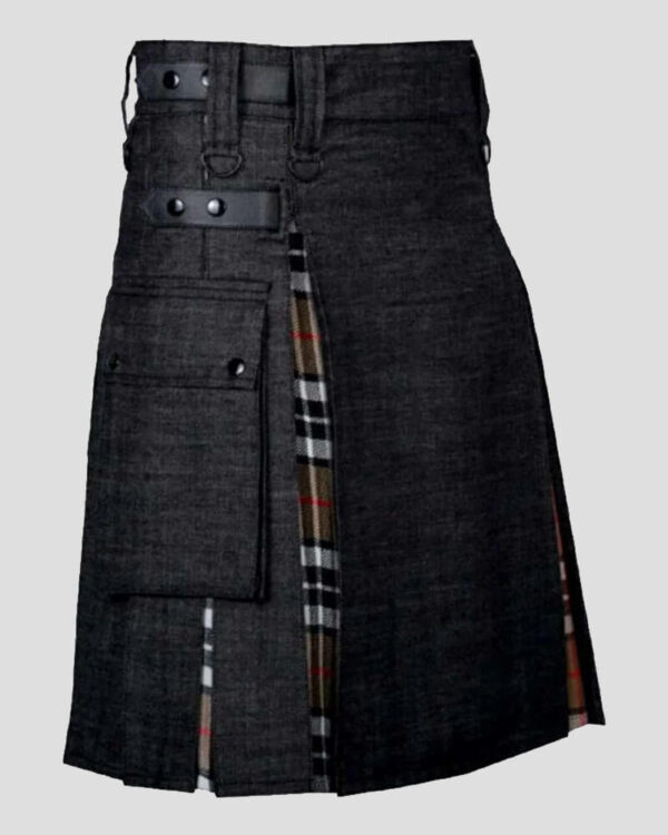 Camel Thomson Tartan Black Denim Hybrid Kilt With Leather Strap