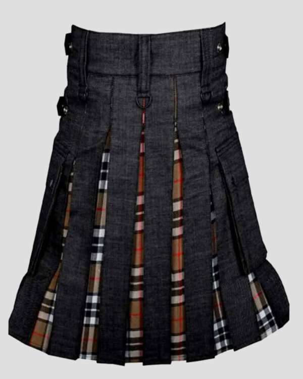 Camel Thomson Tartan Black Denim Hybrid Kilt With Leather Strap