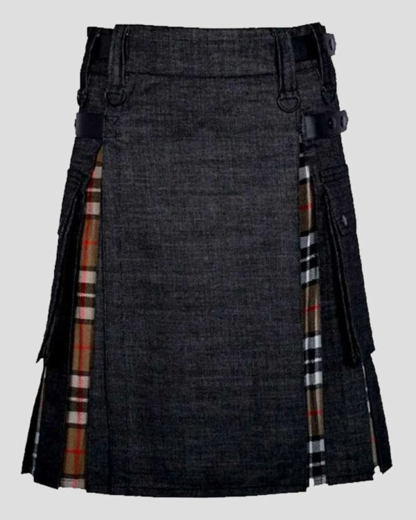 Camel Thomson Tartan Black Denim Hybrid Kilt With Leather Strap