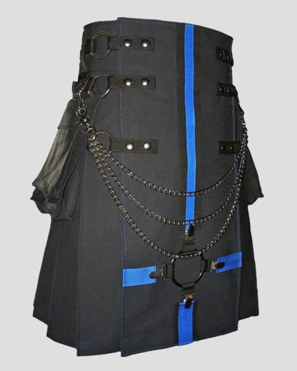 Premium Blue-Strapped Black Gothic Utility Kilt Modern Cargo Kilt
