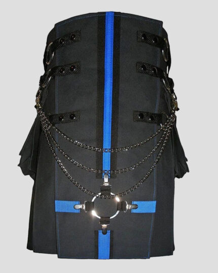 Premium Blue-Strapped Black Gothic Utility Kilt Modern Cargo Kilt