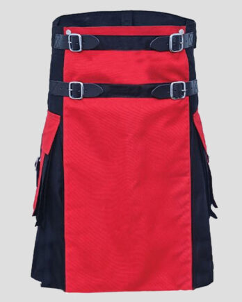 Two-Tone Black and Red Utility Kilt with Detachable Apron