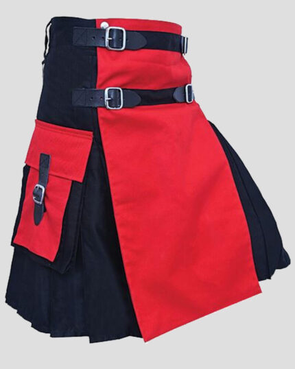 Two-Tone Black and Red Utility Kilt with Detachable Apron