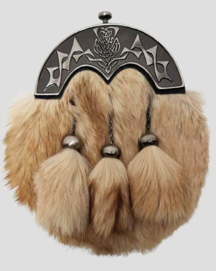 Antique Thistle Cantle Light Fox Fur Sporran for Kilt Attire