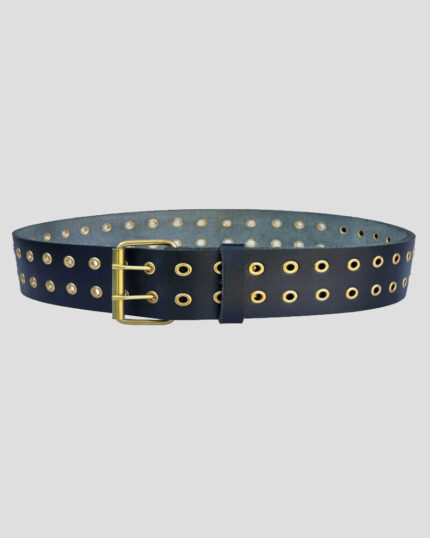 Black Eyelet Belt - Double Prong Antique Gold Kilt Buckle