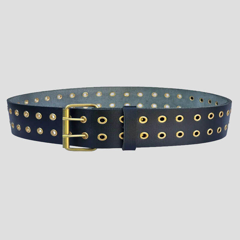 Black Eyelet Belt Double Prong Antique Gold Kilt Buckle