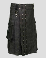 Black Heavy Denim Kilt with Straps - Durable Black Denim Kilt