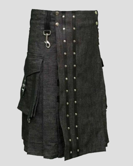 Black Heavy Denim Kilt with Straps - Durable Black Denim Kilt