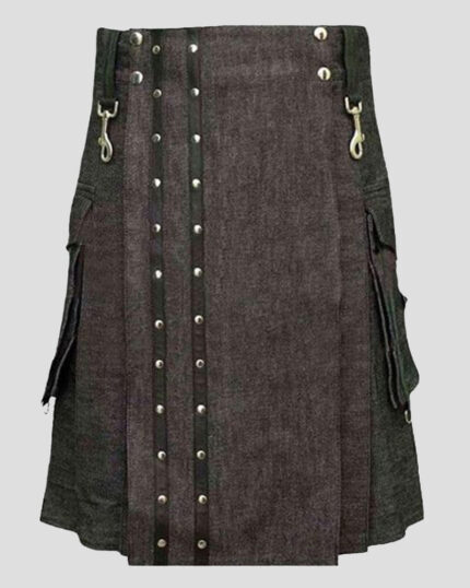 Black Heavy Denim Kilt with Straps - Durable Black Denim Kilt