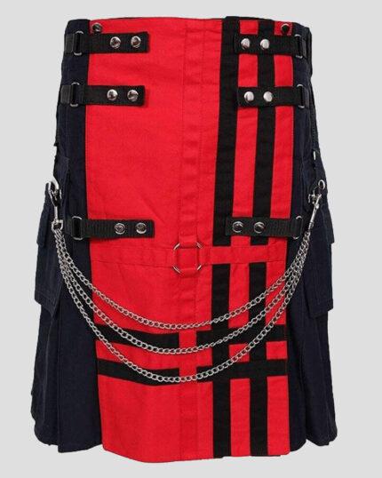 Black Two-Tone Gothic Kilt with Red Apron & Chain | Deluxe Utility Kilt