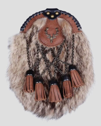 Deer Badge Brown Fox Fur Sporran with Stag Head & 5 Tassels