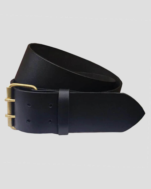 Double Prong Black Plain Leather Kilt Belt